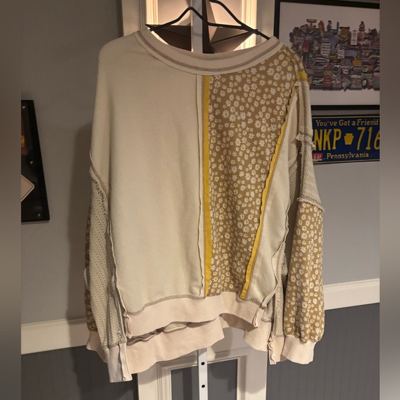 Women's Cream and Tan Patchwork Top - Picture 2 of 6